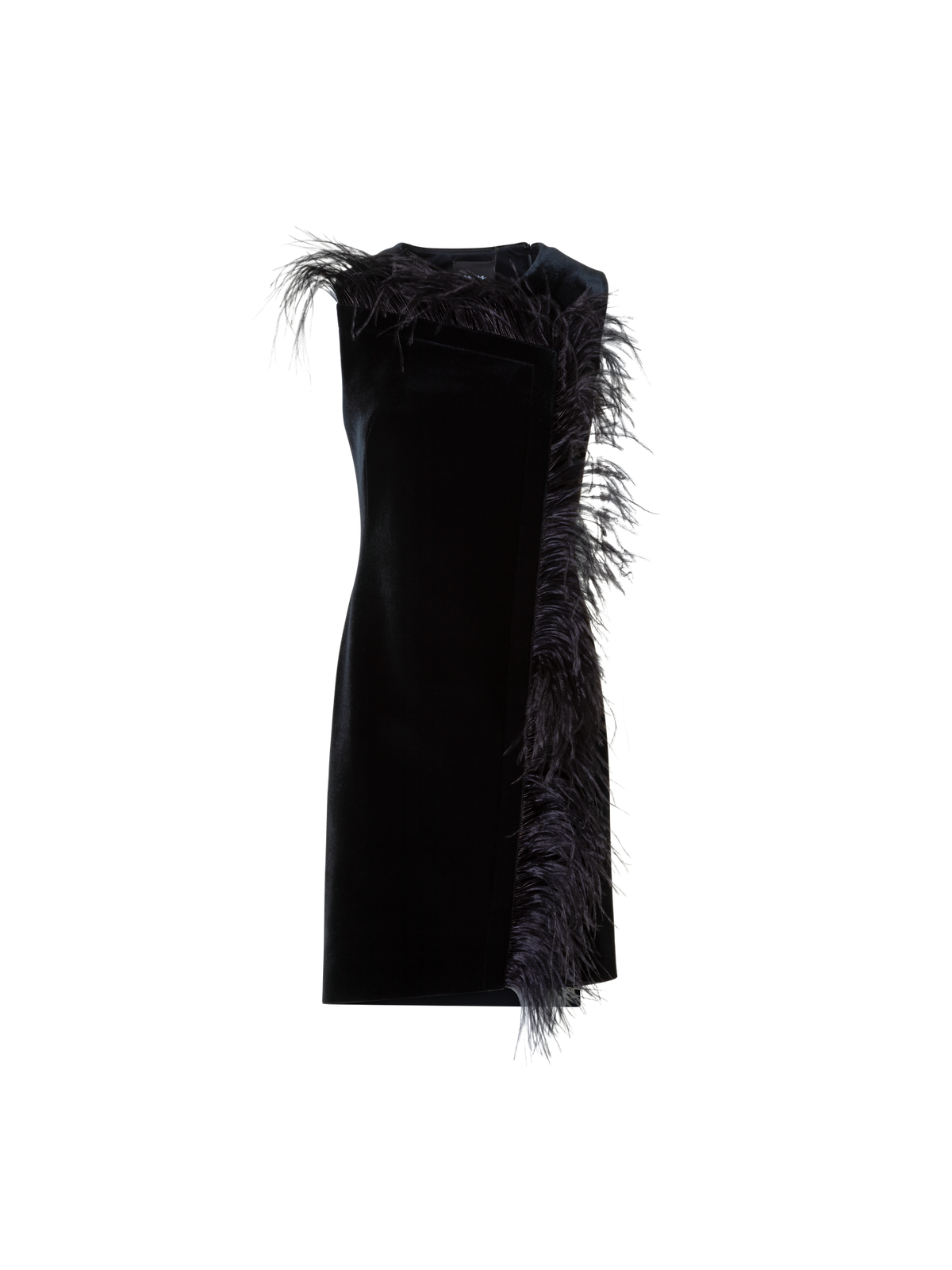 Designer Kurzes Samt Neopren Kleid mit Federbesatz - Schwarz