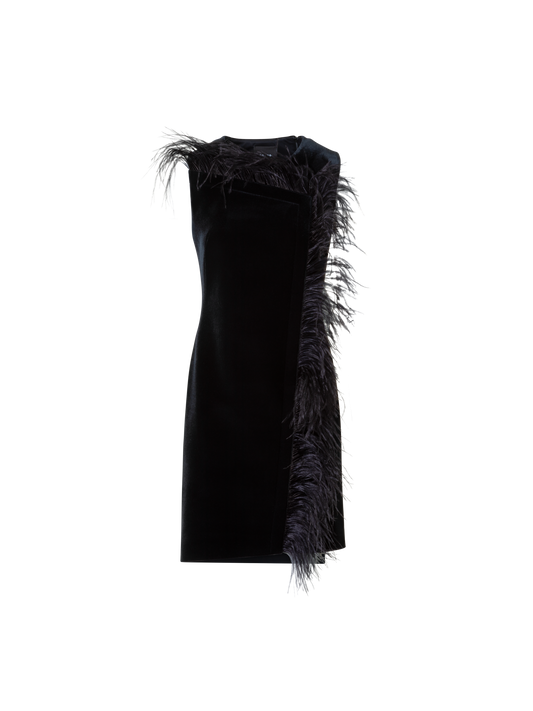 Designer Kurzes Samt Neopren Kleid mit Federbesatz - Schwarz