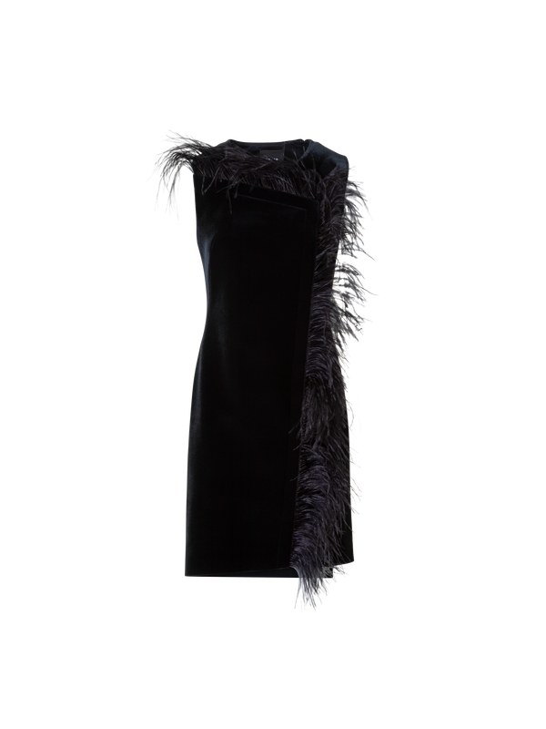 Designer Kurzes Samt Neopren Kleid mit Federbesatz - Schwarz