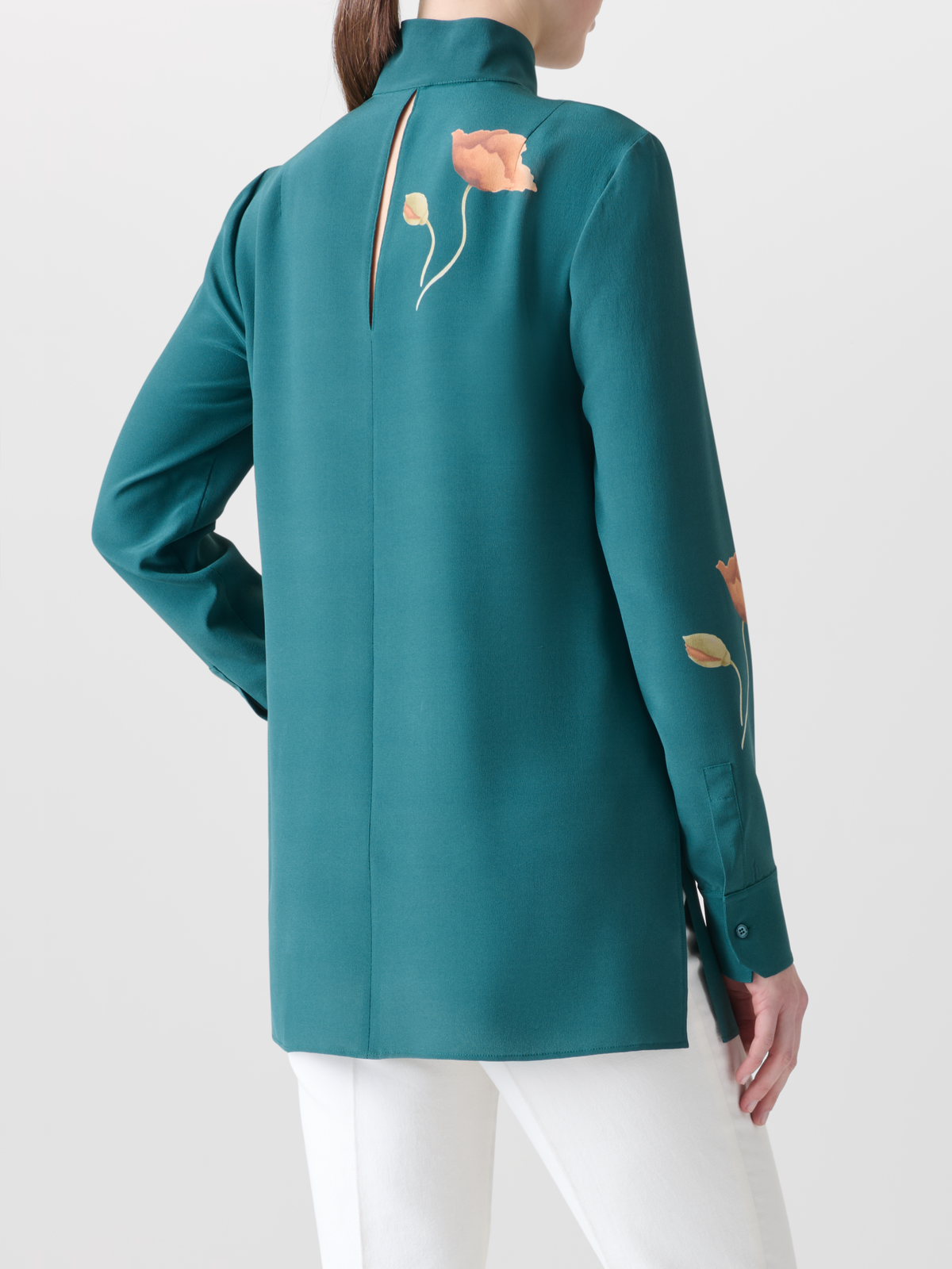 Designer Seidentunika-Bluse mit Anemone Druck - Grün - Bunt #editorial