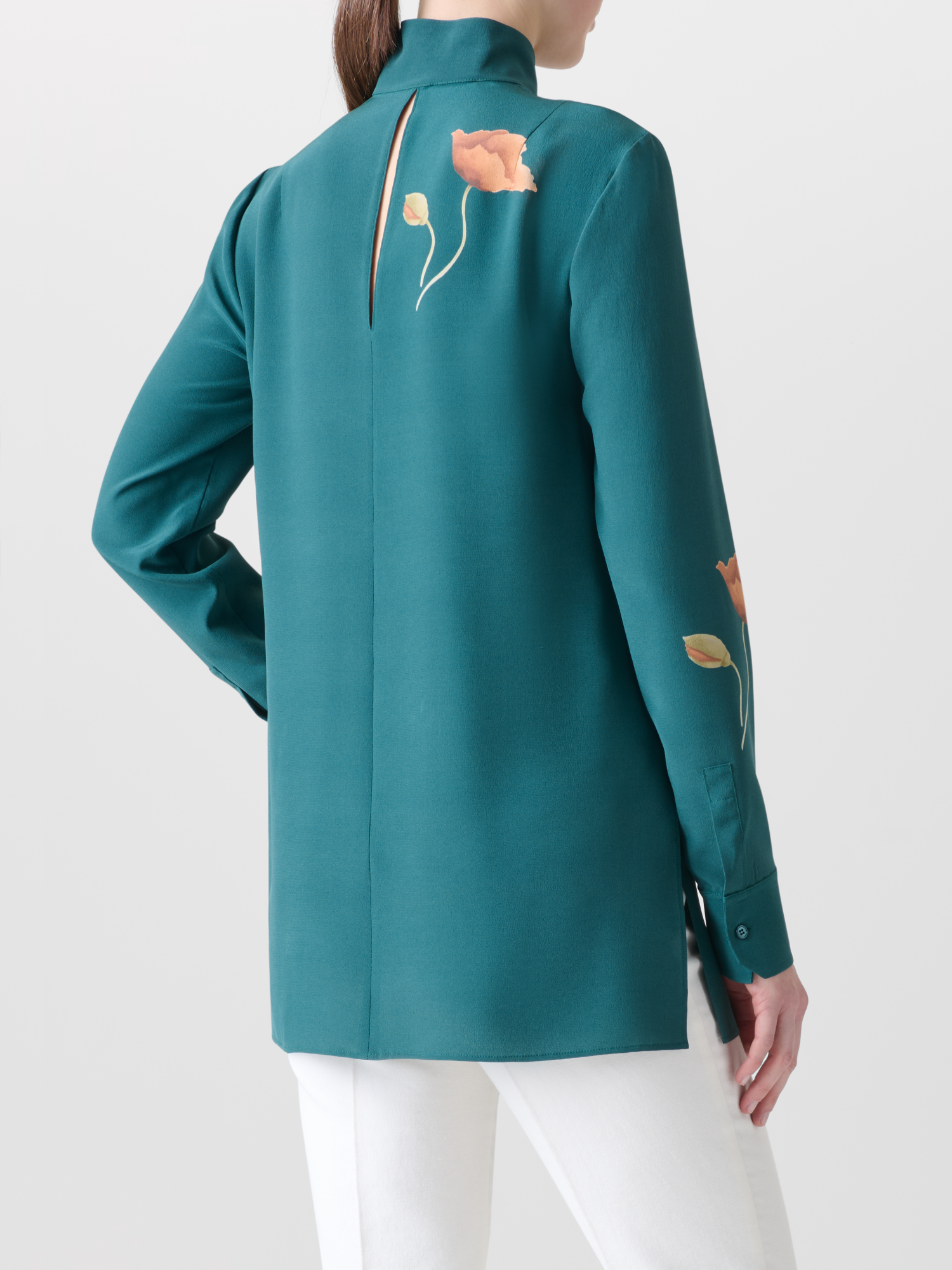 Designer Seidentunika-Bluse mit Anemone Druck - Grün - Bunt 