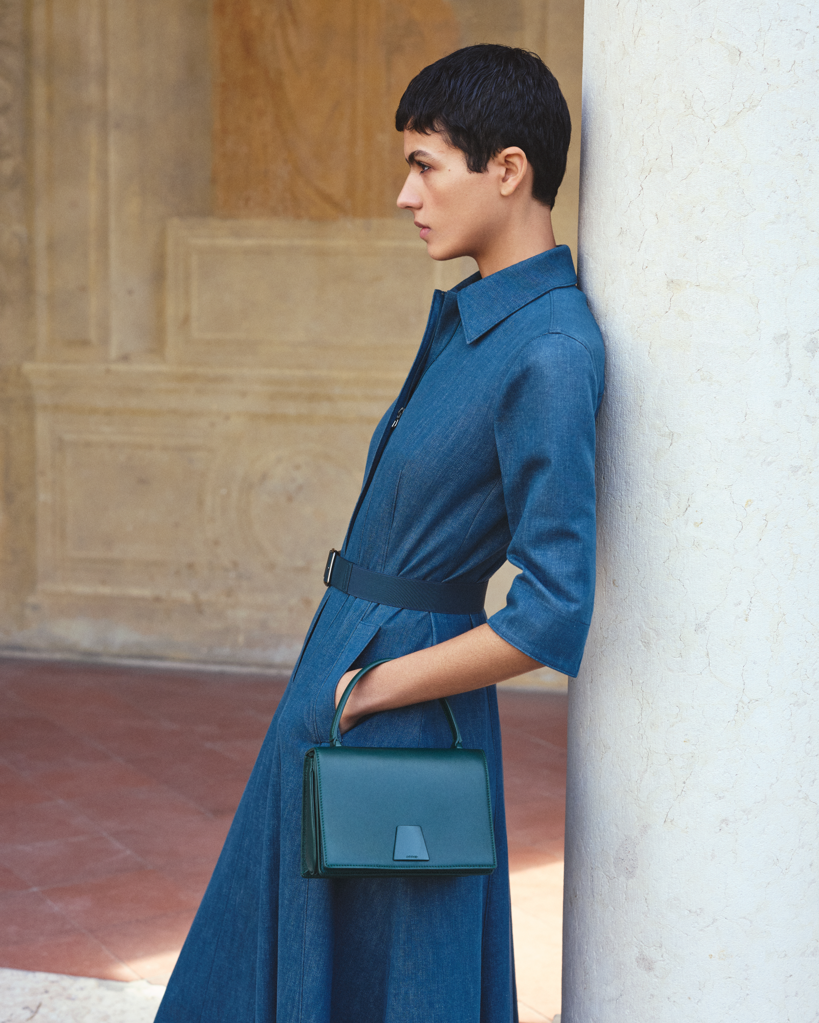 Designer Midi-Hemdkleid aus Baumwoll-Denim - Grün