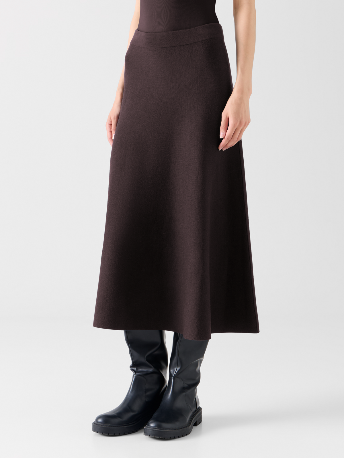 Designer Ausgestellter Midirock aus Milano-Strick - Braun 