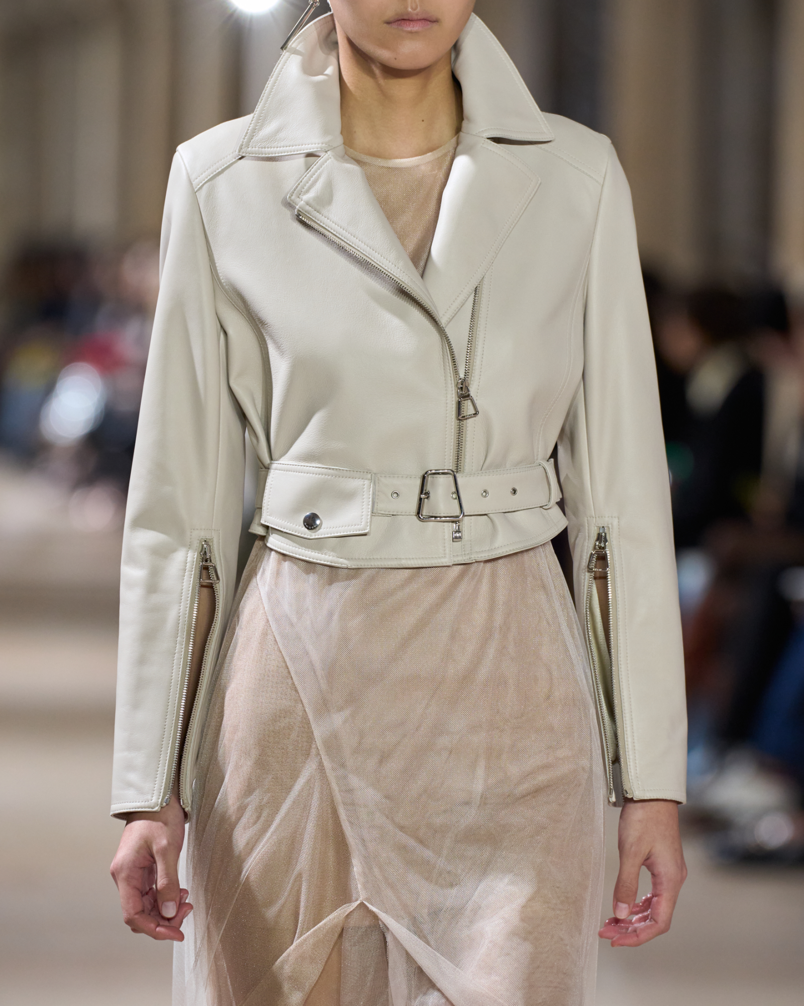 Designer Cropped Leder-Bikerjacke - Grau - Beige 