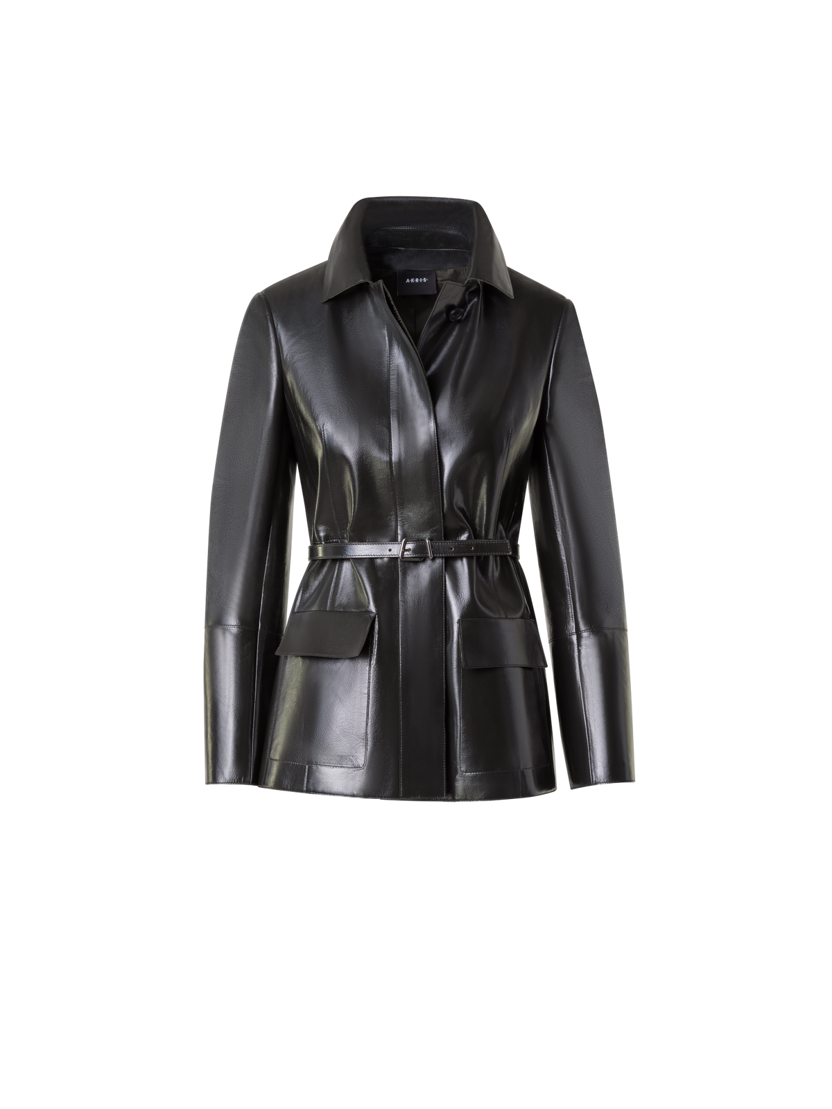 Designer Fitted Lacquer Leather Jacket with Belt - Grün