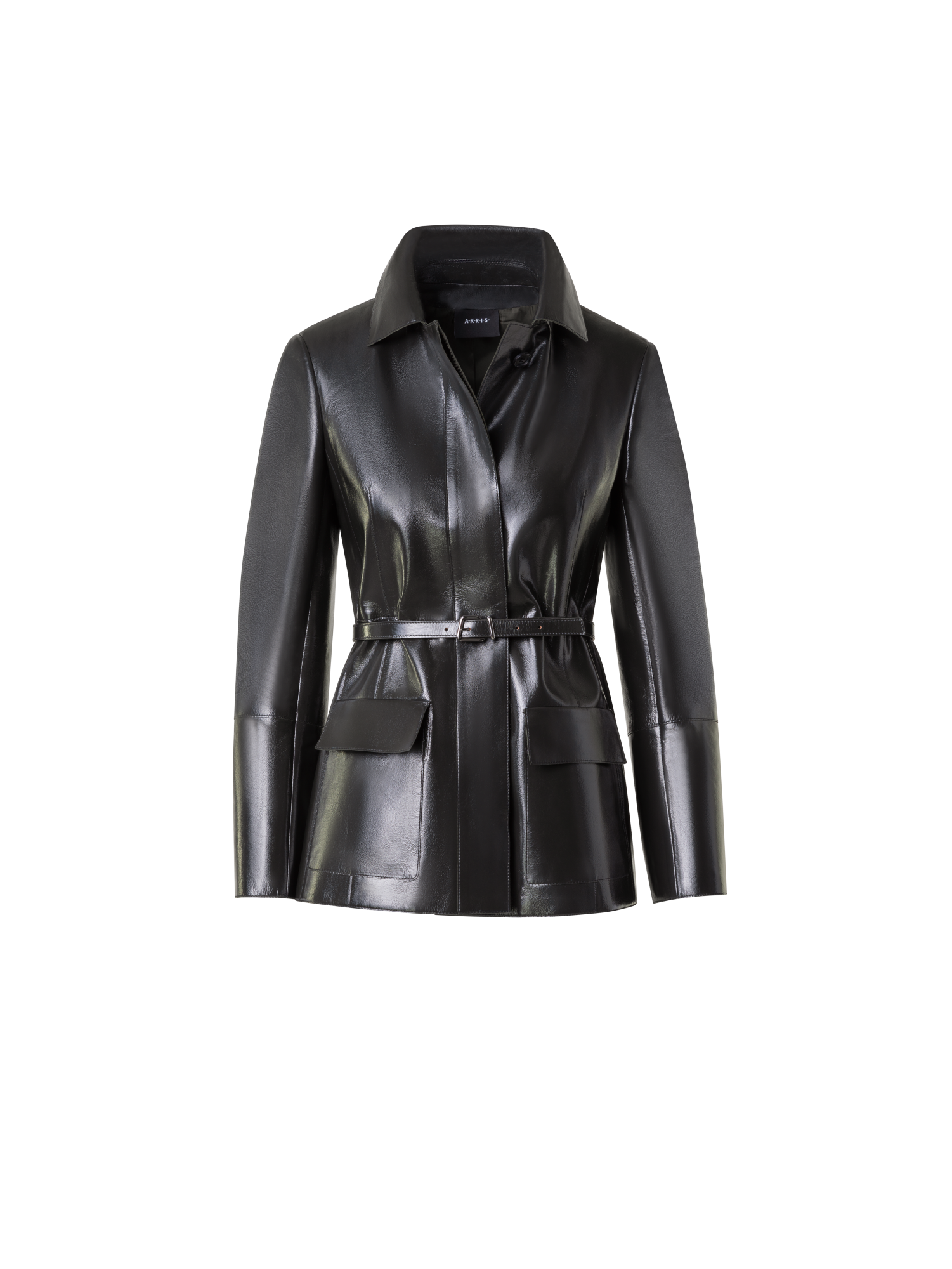 Designer Fitted Lacquer Leather Jacket with Belt - Grün