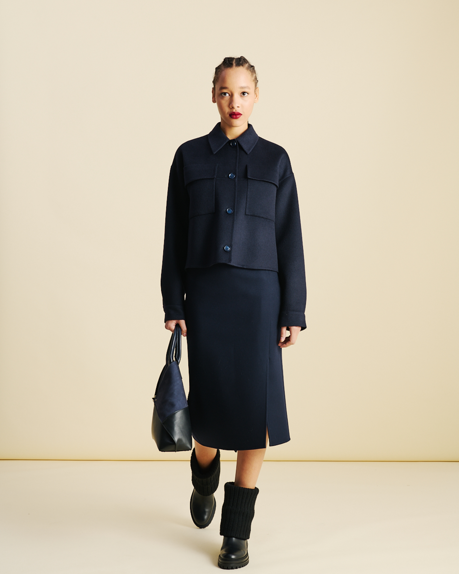 Designer Kurze Boxy Kaschmir Doubleface Hemdjacke - Dunkelblau - Blau 