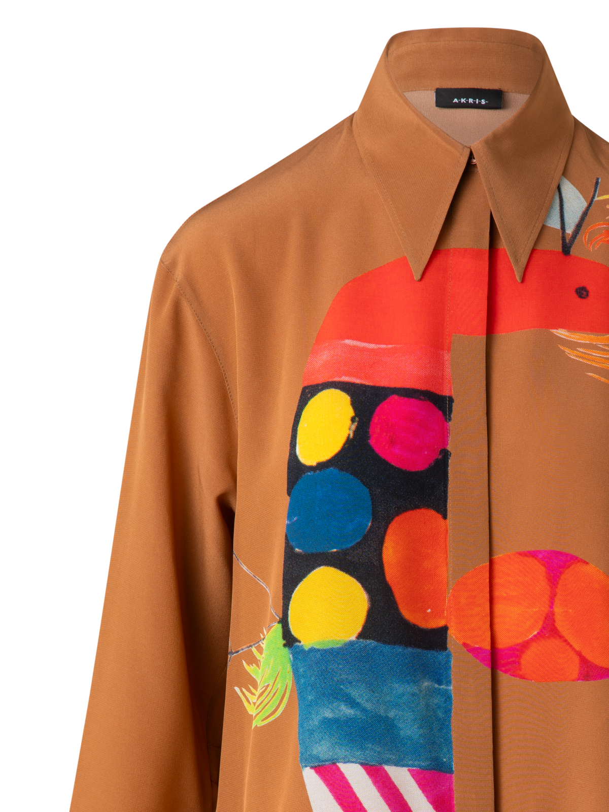 Designer Oversize Seiden-Tunika-Bluse mit Rooster Druck - Braun - Bunt