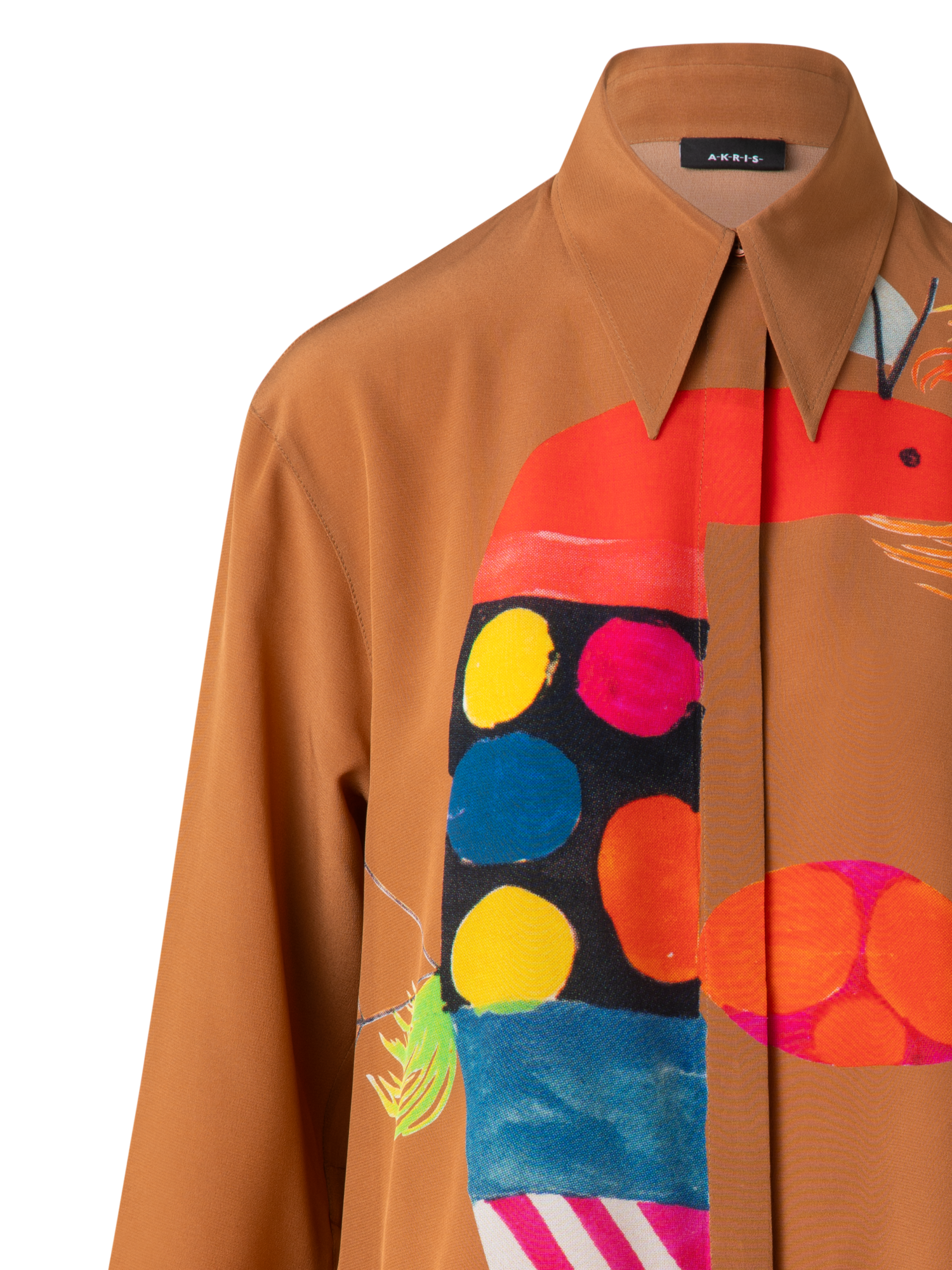 Designer Oversize Seiden-Tunika-Bluse mit Rooster Druck - Braun - Bunt