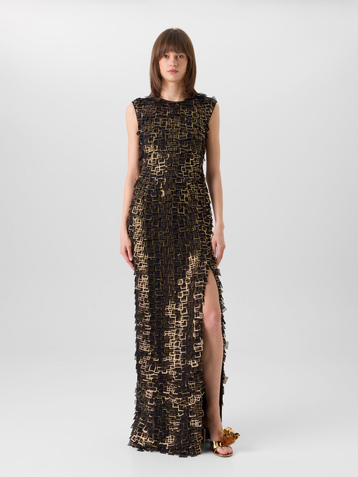 Designer Robe in Golden Frame Organza Tiles - Schwarz - Bunt 