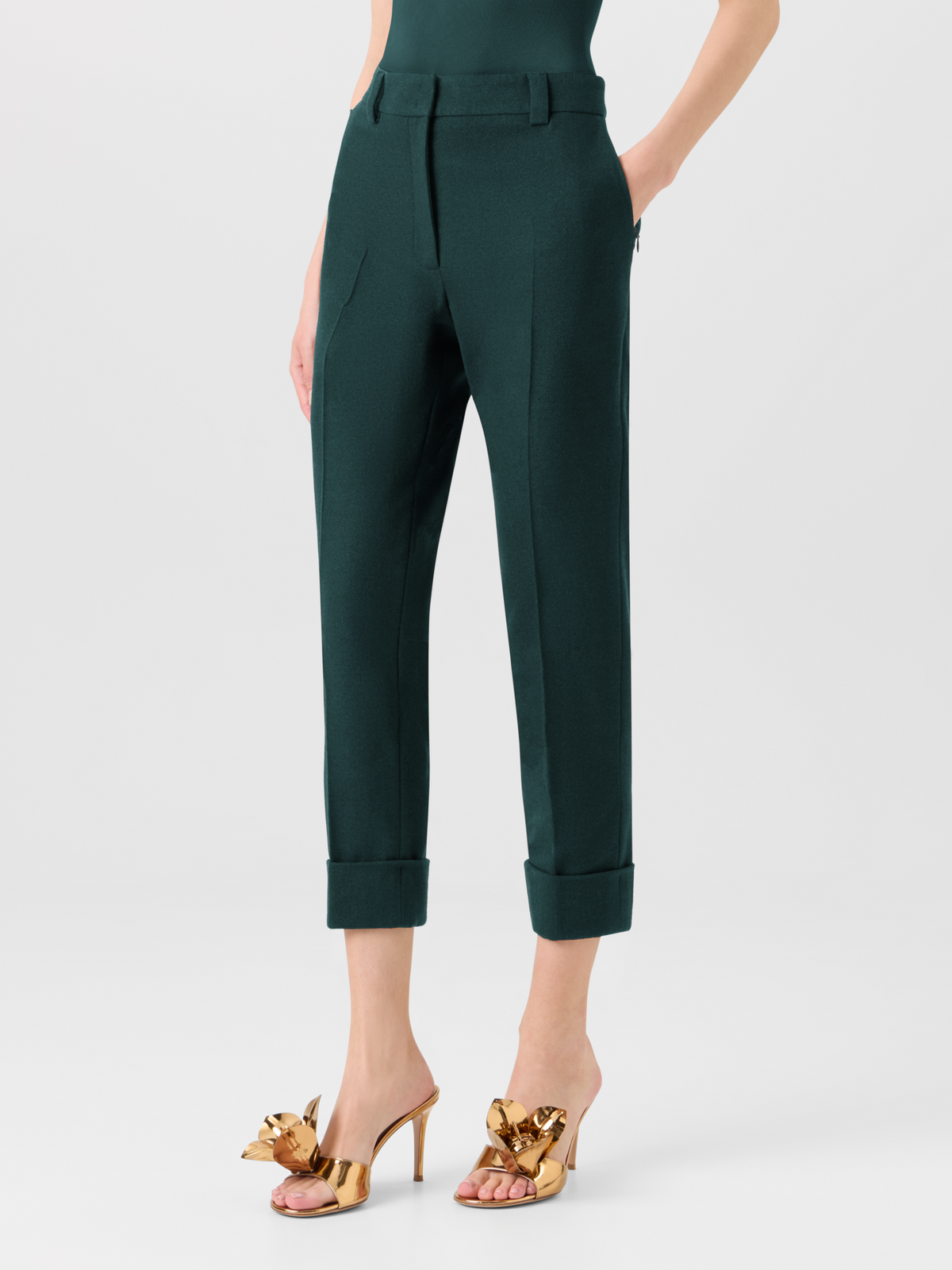 Designer Tapered Flanellhose mit Umschlag - Grün 