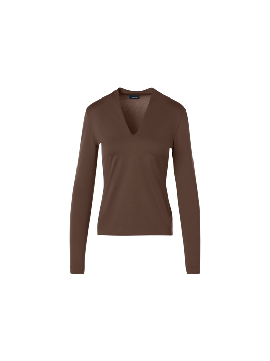 Designer T-Shirt aus Baumwoll-Stretch-Jersey mit V-Ausschnitt - Braun