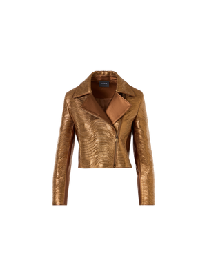 Designer Kurze Lamé-Lederjacke mit Streifenstickerei - Gold