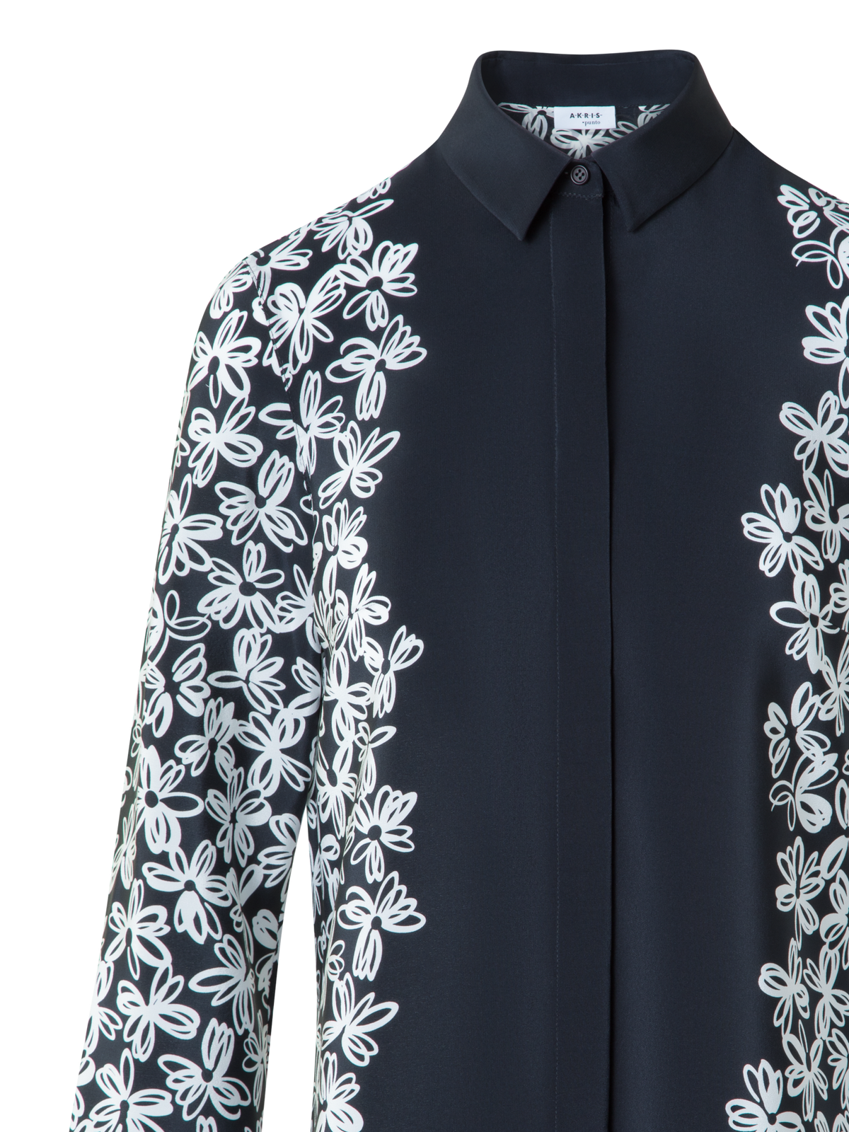 Designer Seidenbluse mit Daisy Druck - Schwarz - Bunt