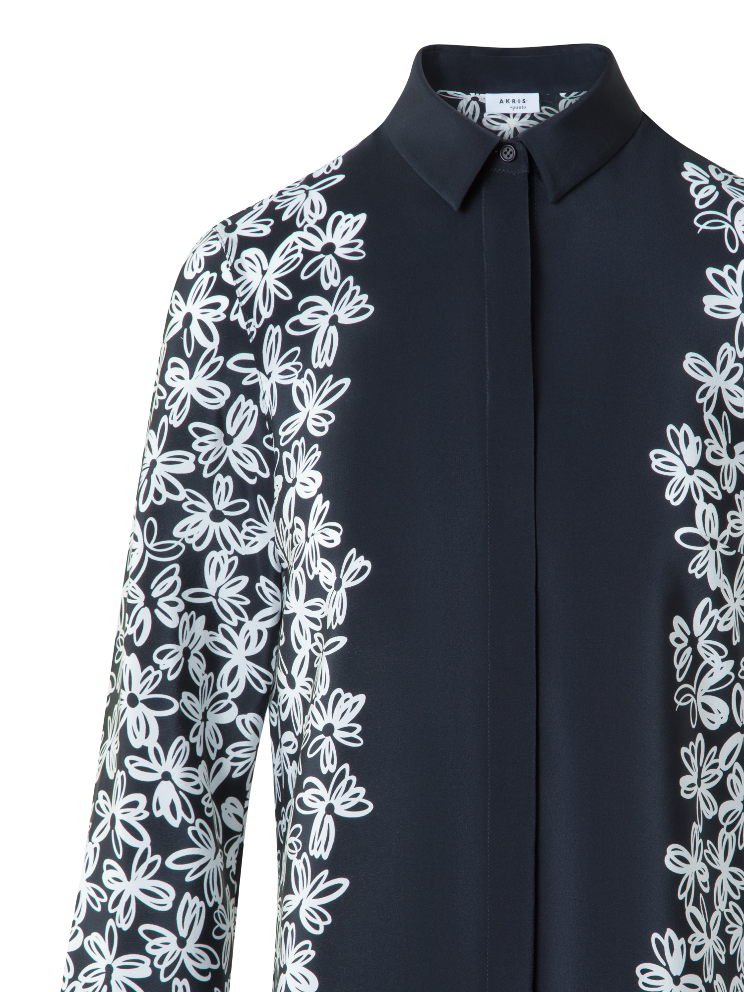 Designer Seidenbluse mit Daisy Druck - Schwarz - Bunt