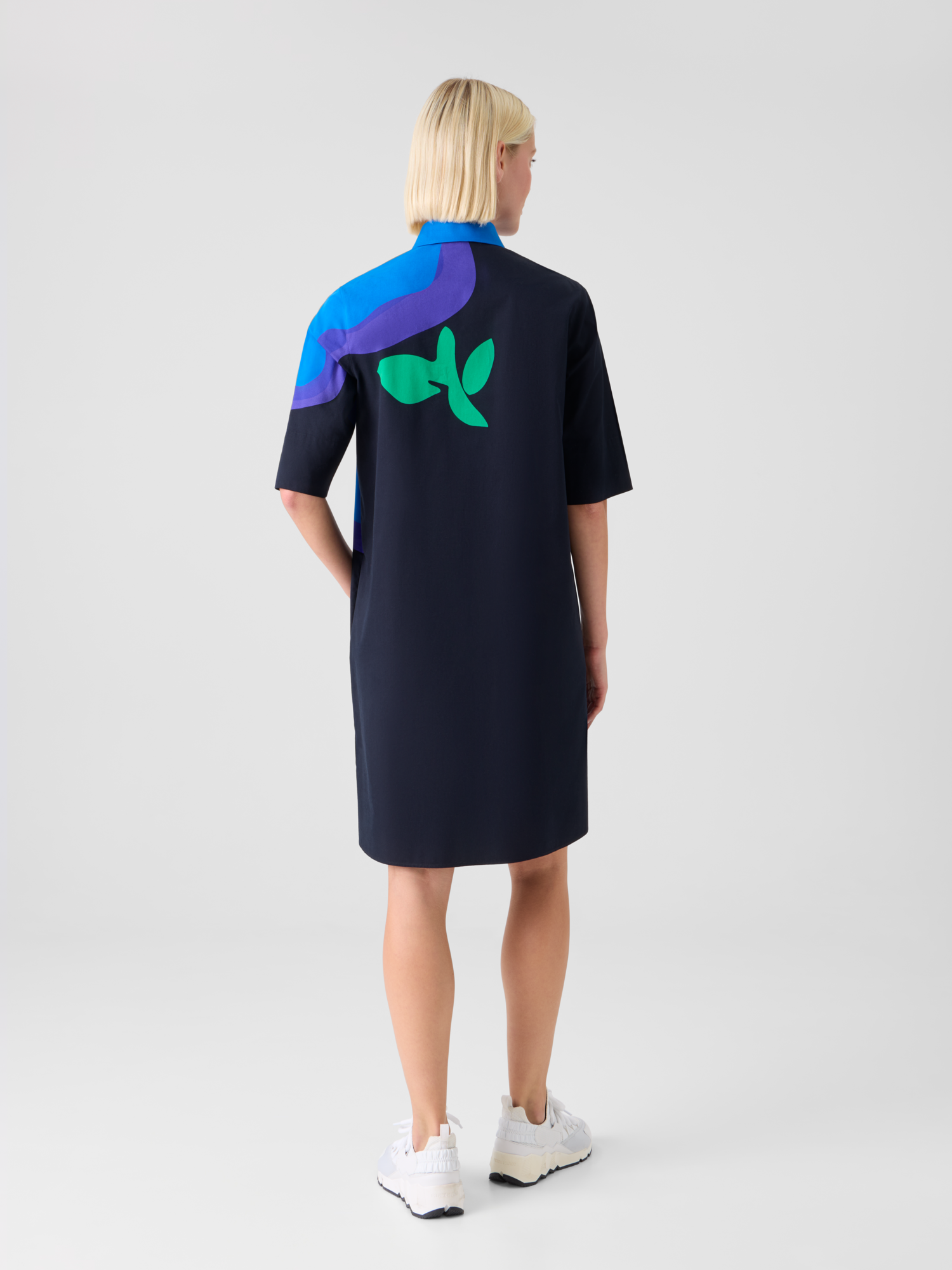 Designer XL-Pop-Dot-Blumen-Baumwollkleid - Dunkelblau 