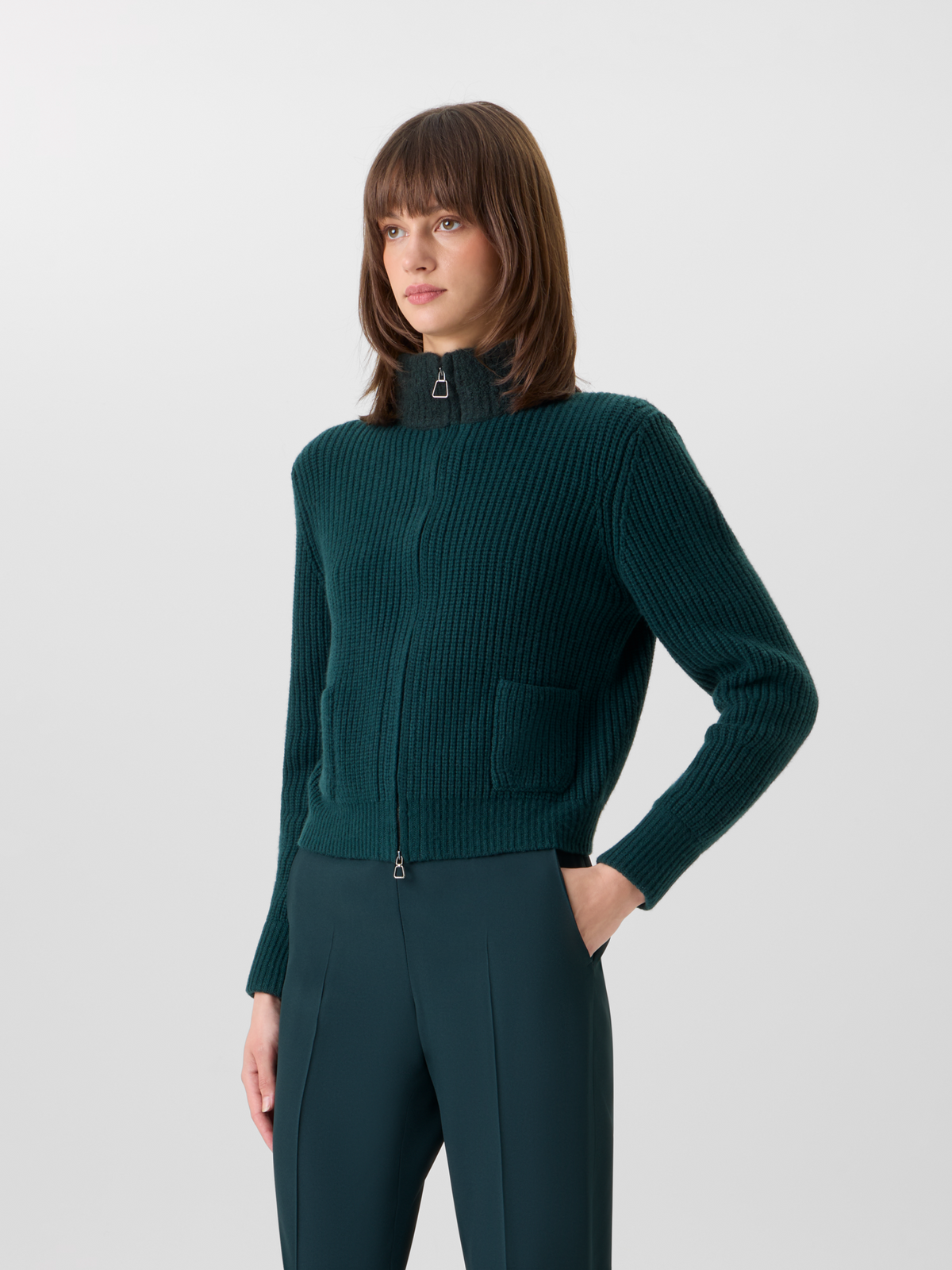 Designer Kurzer Cardigan aus Wolle-Kaschmir mit Bouclé-Kragen - Grün 