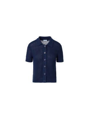 Designer Kurzärmliger Strick-Cardigan aus Leinen-Baumwolle - Dunkelblau - Blau