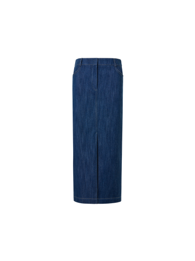 Designer Midi Bleistiftrock aus Baumwoll-Stretch Denim - Dunkelblau