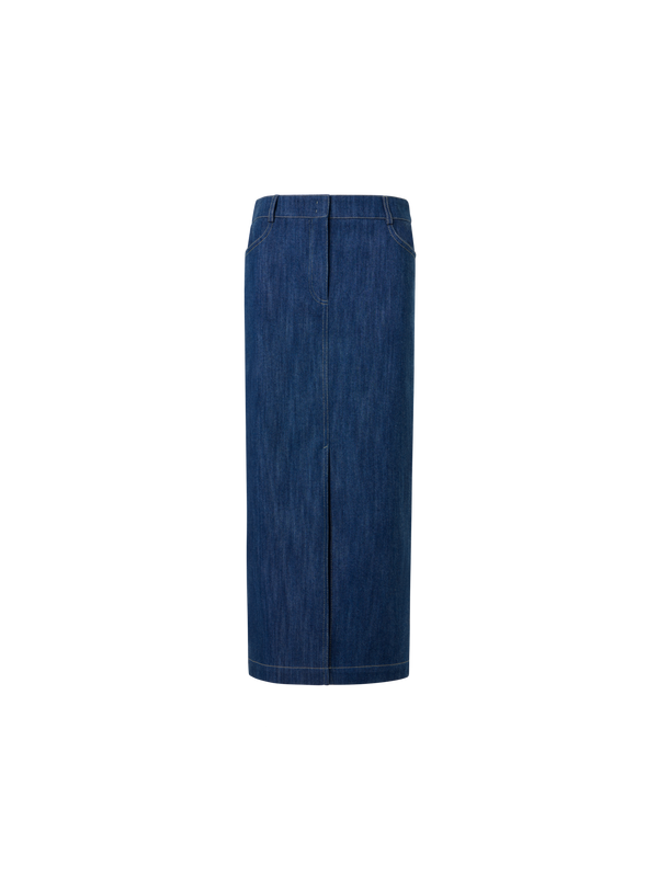 Designer Midi Bleistiftrock aus Baumwoll-Stretch Denim - Dunkelblau
