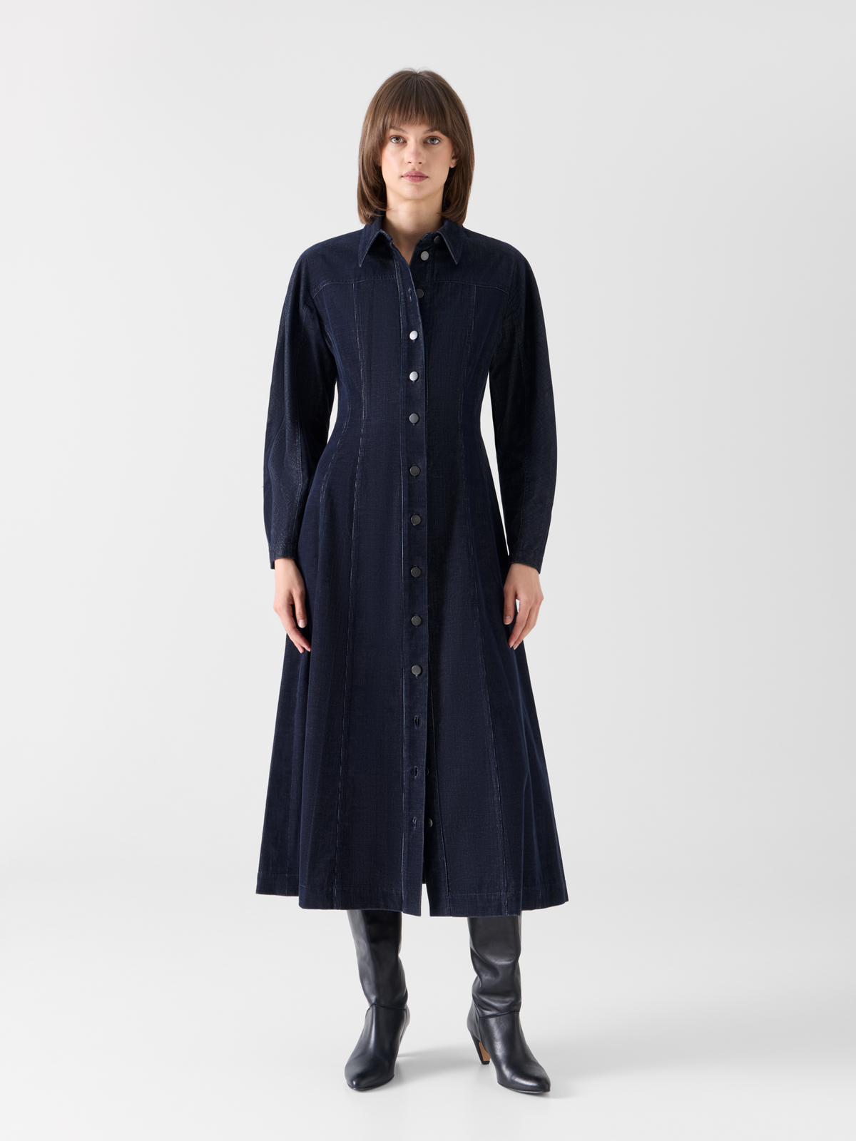 Designer Fit-and-Flare Midikleid aus Changeant-Mikrocord - Dunkelblau 