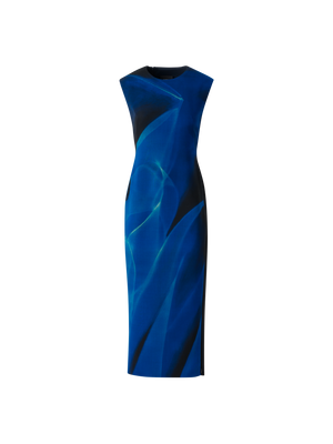 Designer Woll Etui Kleid in Cyanotype Print - Blau - Bunt