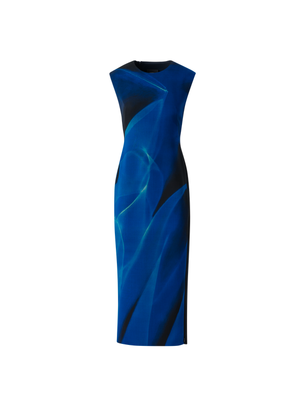 Designer Woll Etui Kleid in Cyanotype Print - Blau - Bunt