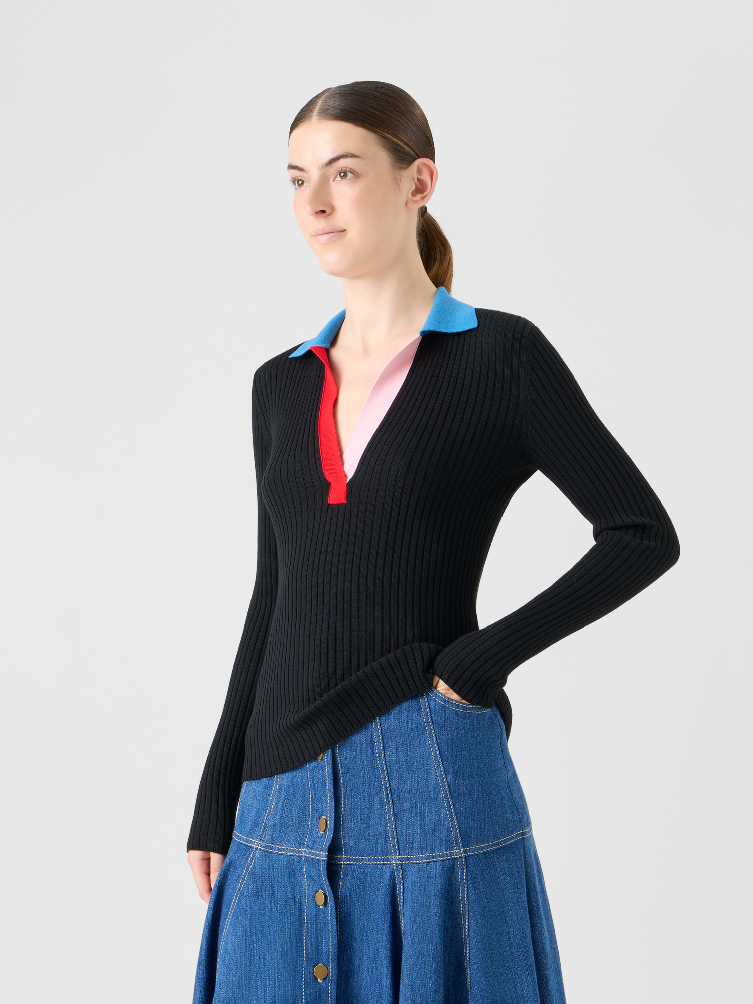 Designer Gerippter Polopullover aus Merinowolle - Schwarz 