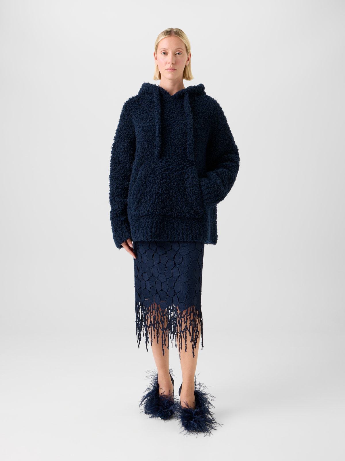 Designer Oversized Fantasiestrick Woll Kapuzenpulli - Dunkelblau - Blau #editorial
