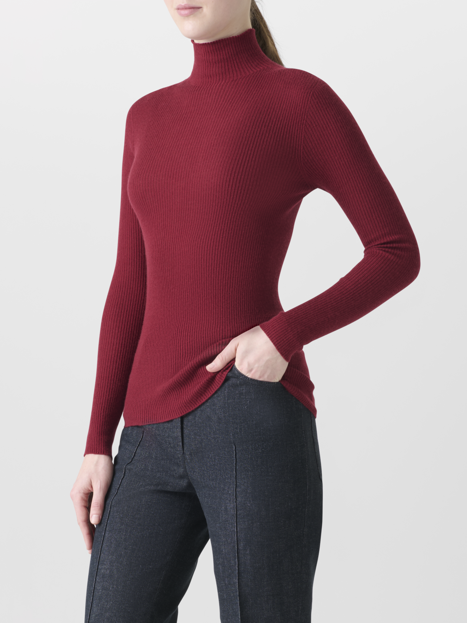 Designer Feinripp-Pullover aus Kaschmirseide mit Stehkragen - Rot 