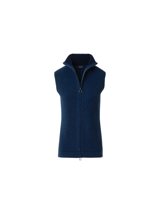 Designer Kaschmir Strick Gilet mit Rippen Vorderteil - Dunkelblau - Blau