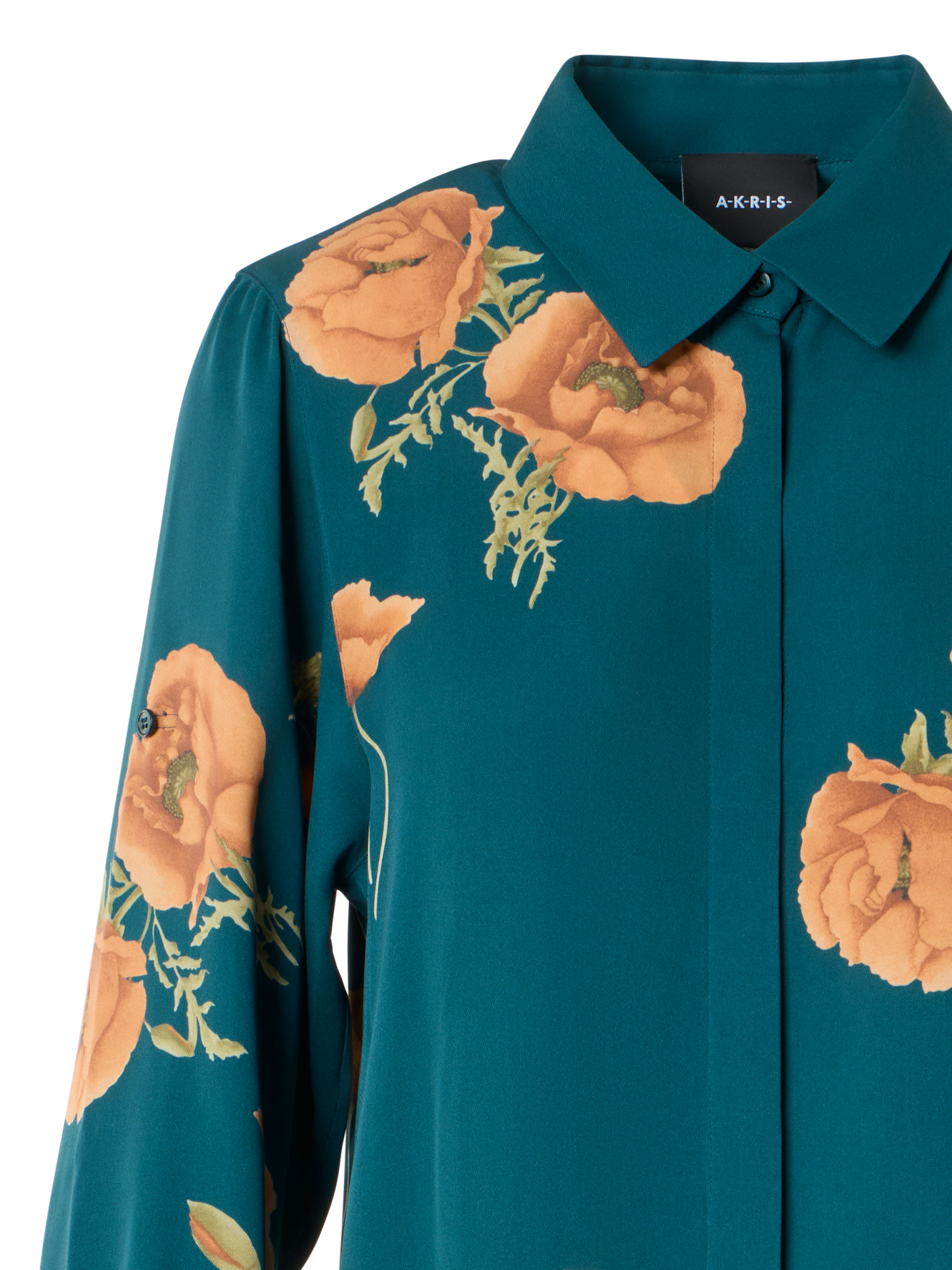 Designer Langes Tunika-Seidenkleid mit Anemone Druck - Grün - Bunt