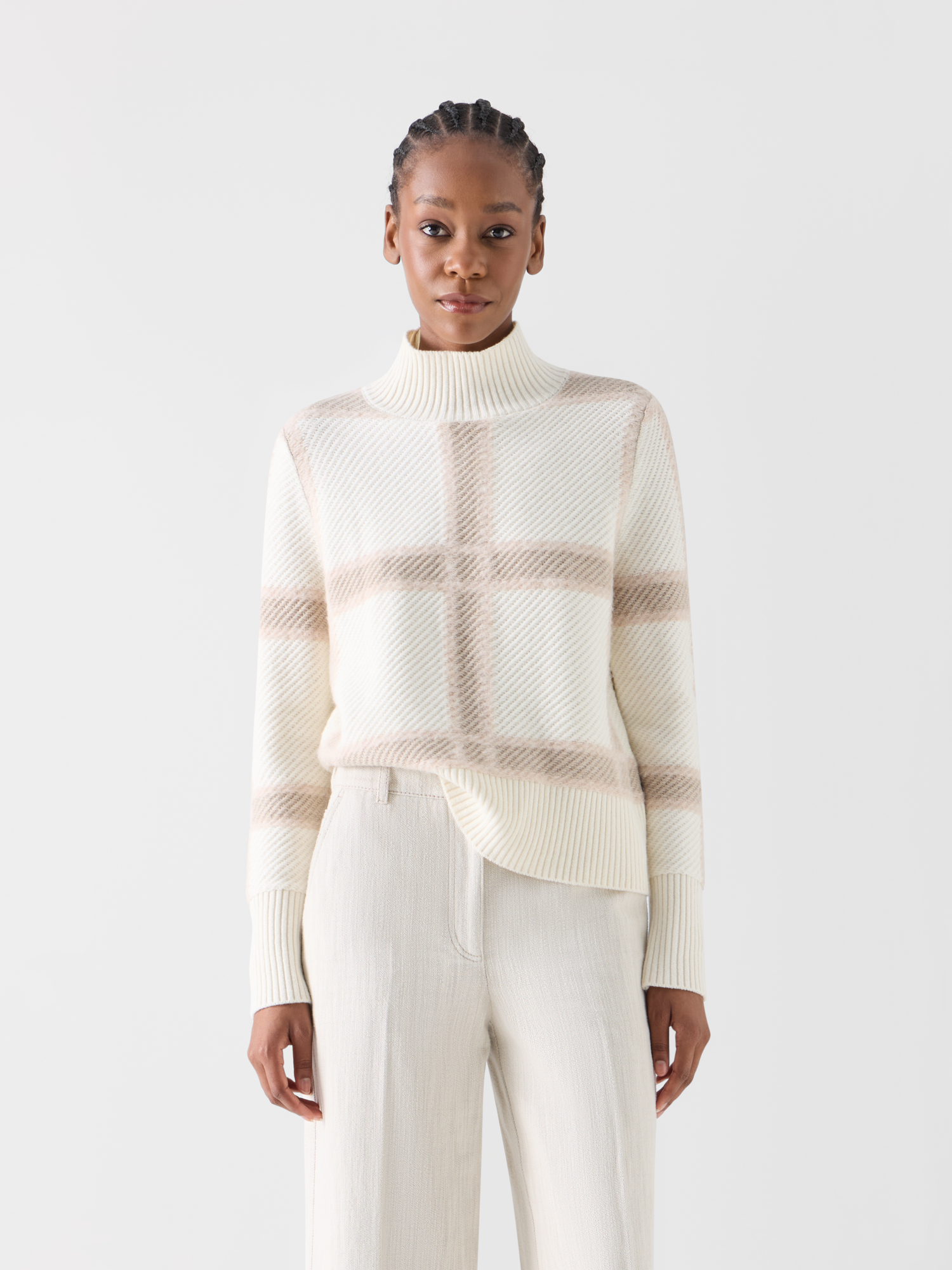 Designer Wolle-Kaschmir Pullover mit Intarsia-Karo - Ecru - Bunt 