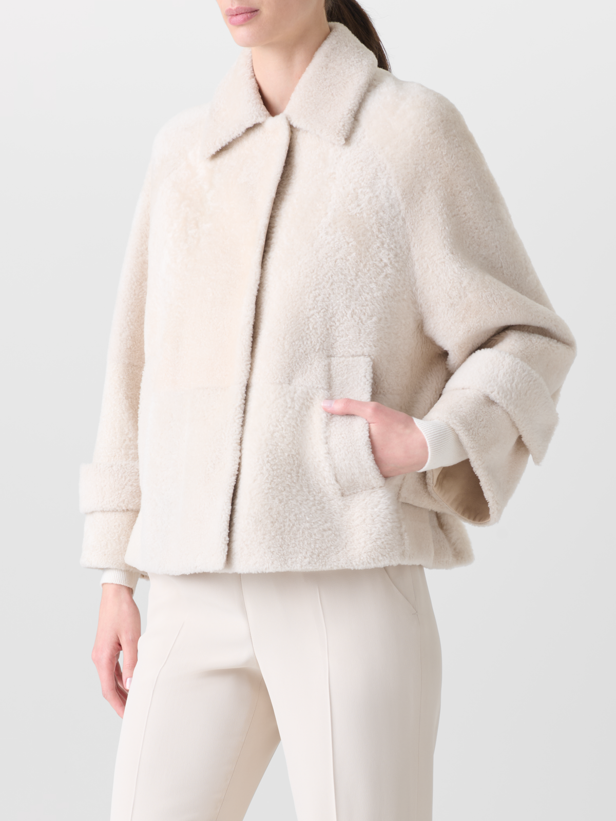 Designer Shearling Jacke in A-Linie - Ecru - Weiss #editorial
