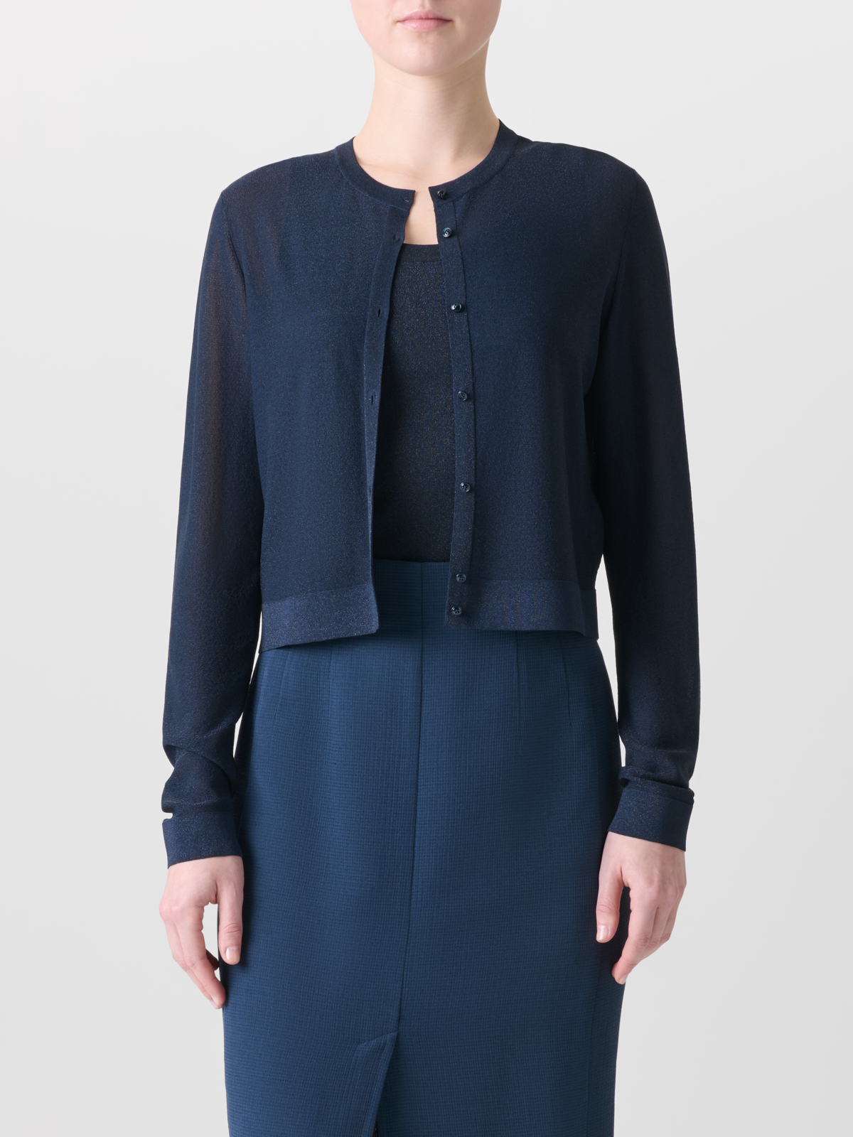 Designer Seiden-Cardigan mit goldenem Lurex - Blau #editorial