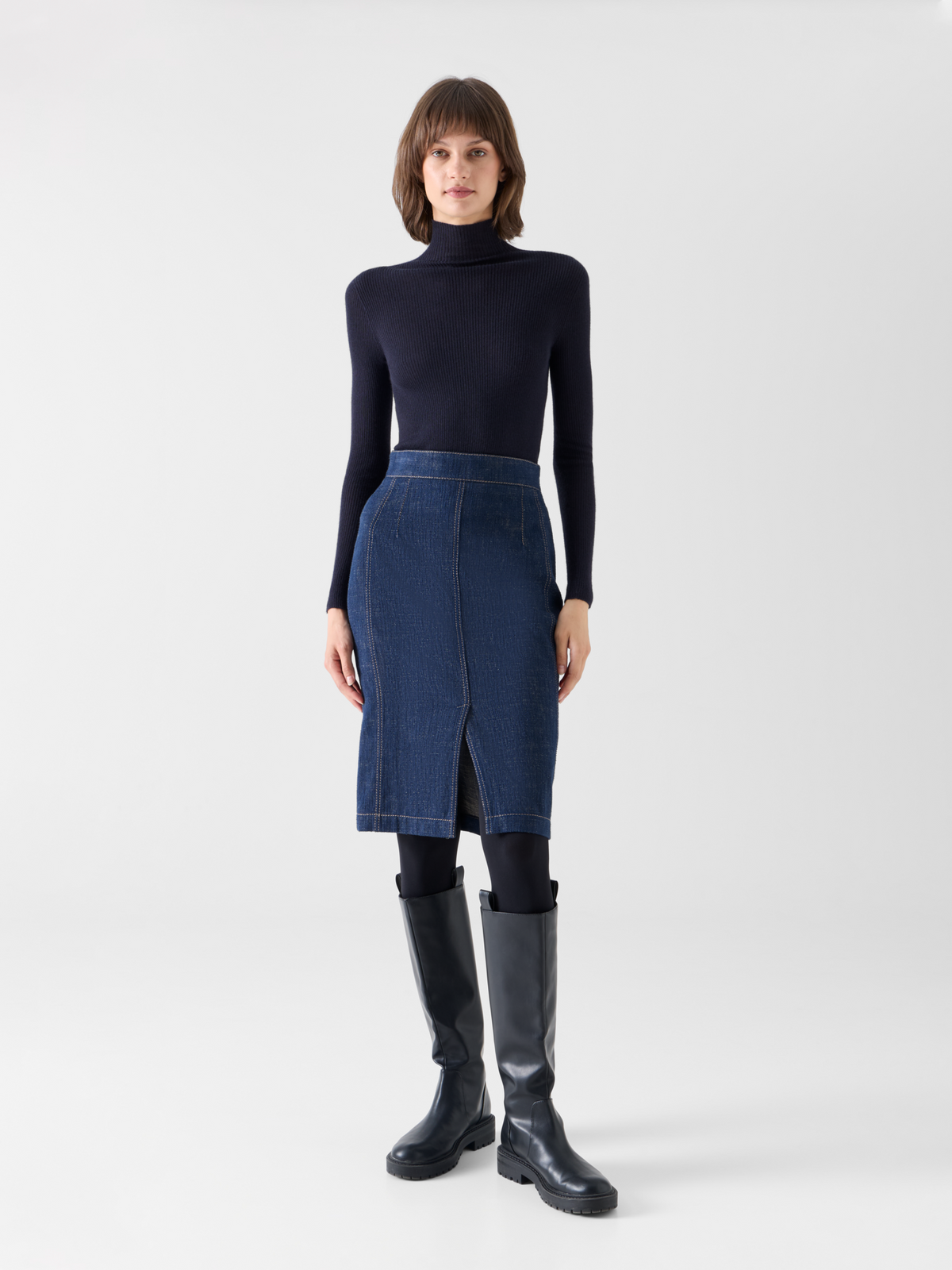 Designer Bleistiftrock aus Winter-Denim mit hohem Bund - Dunkelblau - Blau 