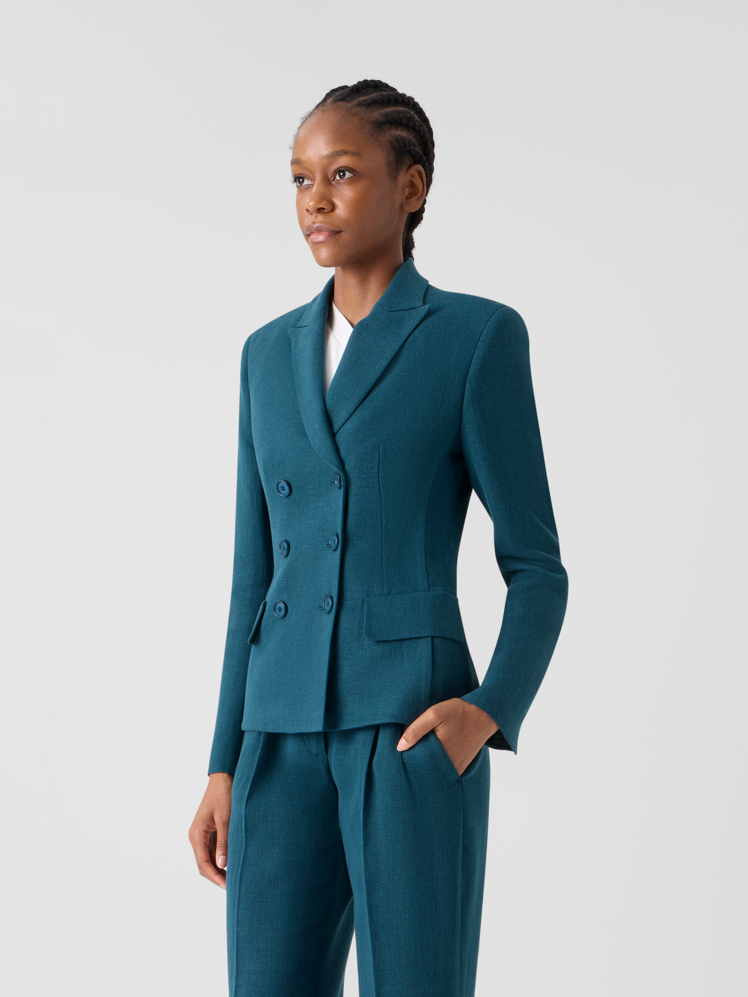 Designer Hannah Taillierte Zweireiher-Jacke aus Leinen-Wolle - Grün