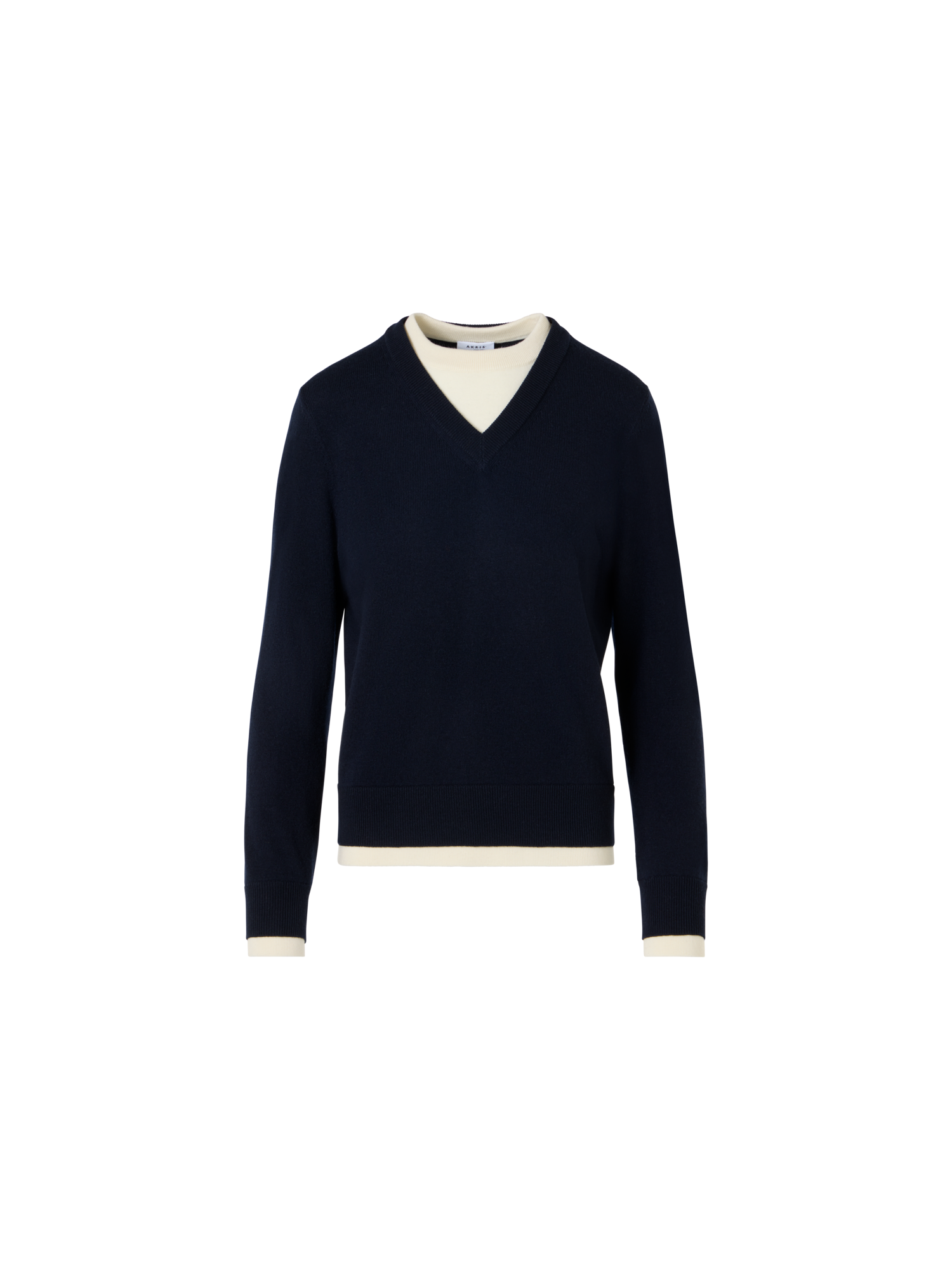 Designer Wolle-Kaschmir Pullover mit Trompe-l'Oeil V-Ausschnitt - Dunkelblau
