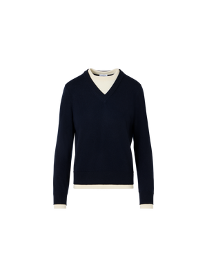 Designer Wolle-Kaschmir Pullover mit Trompe-l'Oeil V-Ausschnitt - Dunkelblau