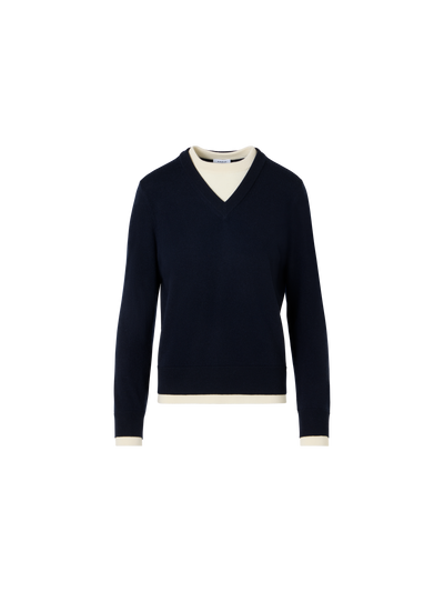 Designer Wolle-Kaschmir Pullover mit Trompe-l'Oeil V-Ausschnitt - Dunkelblau