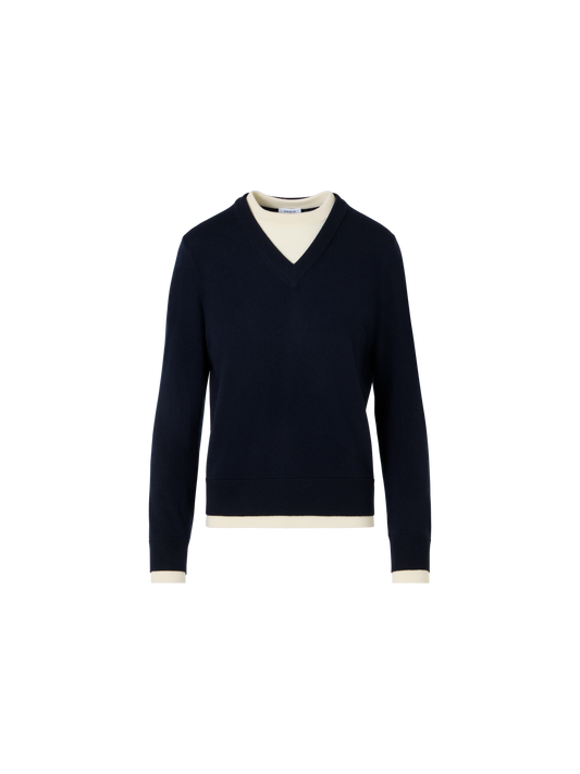 Designer Wolle-Kaschmir Pullover mit Trompe-l'Oeil V-Ausschnitt - Dunkelblau