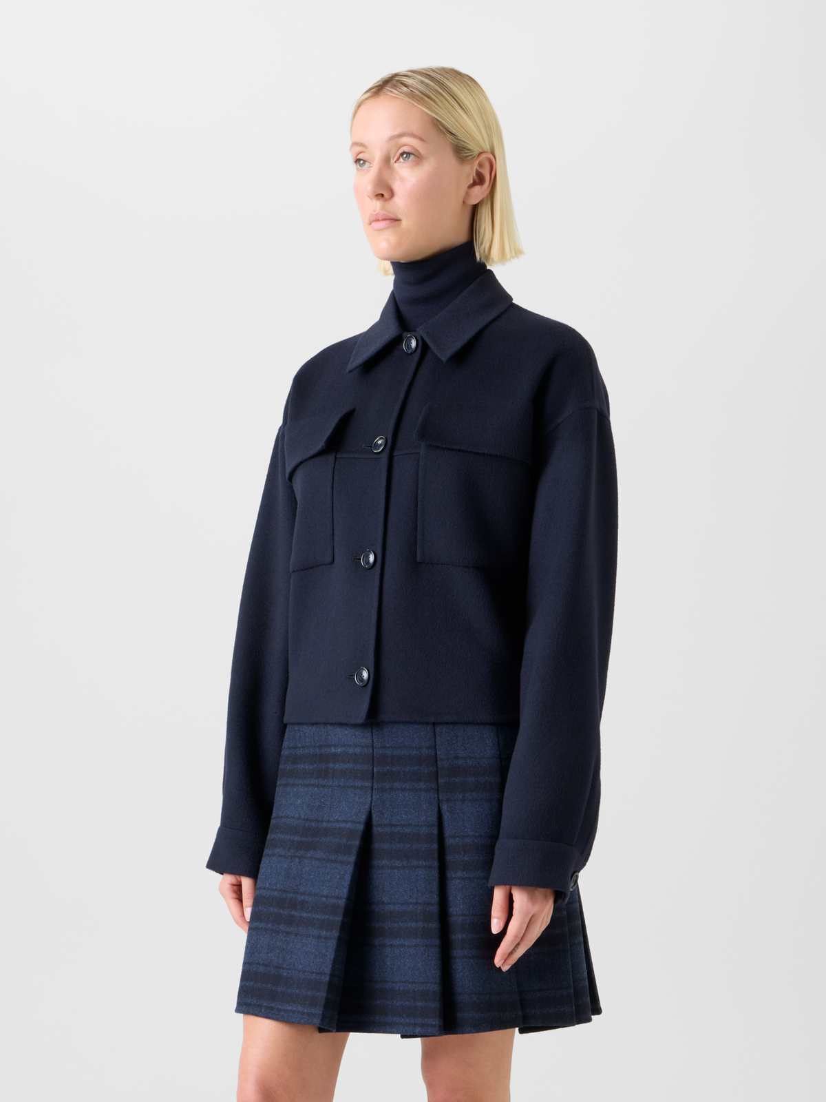 Designer Kurze Boxy Kaschmir Doubleface Hemdjacke - Dunkelblau - Blau #editorial