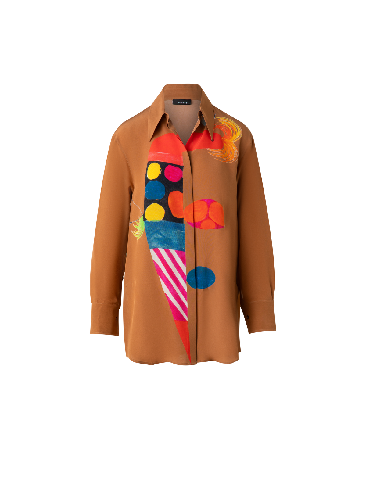 Designer Oversize Seiden-Tunika-Bluse mit Rooster Druck - Braun - Bunt