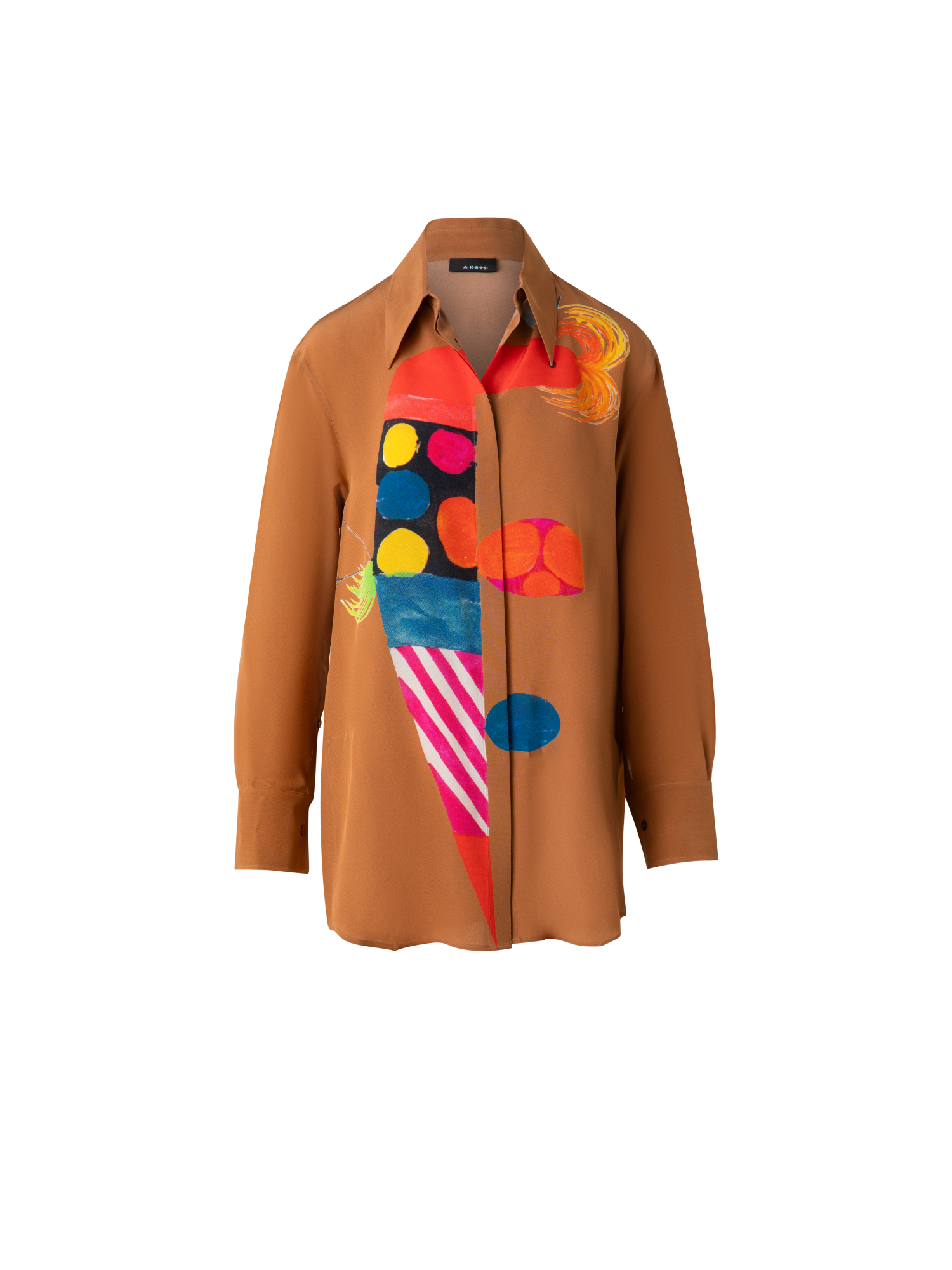 Designer Oversize Seiden-Tunika-Bluse mit Rooster Druck - Braun - Bunt