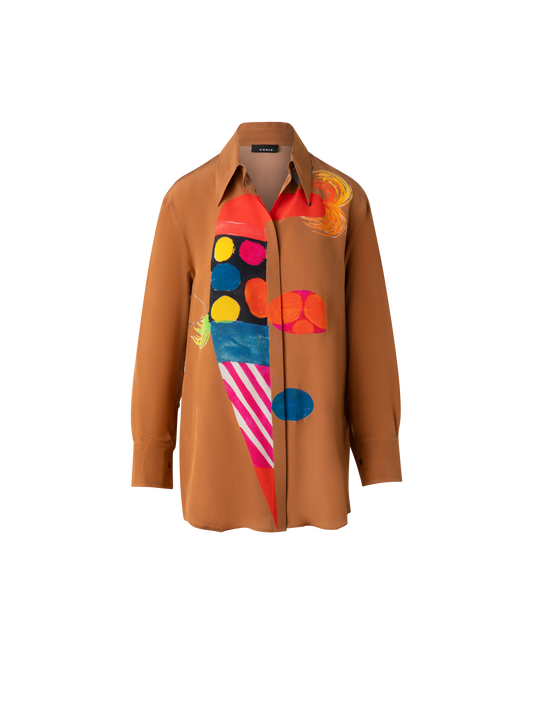 Designer Oversize Seiden-Tunika-Bluse mit Rooster Druck - Braun - Bunt