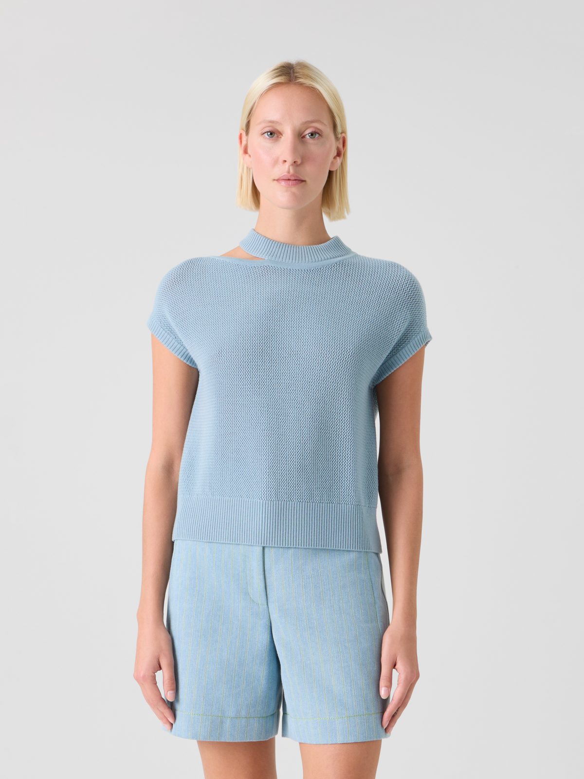 Designer Leichter Merinowolle-Mesh-Pullover - Blau