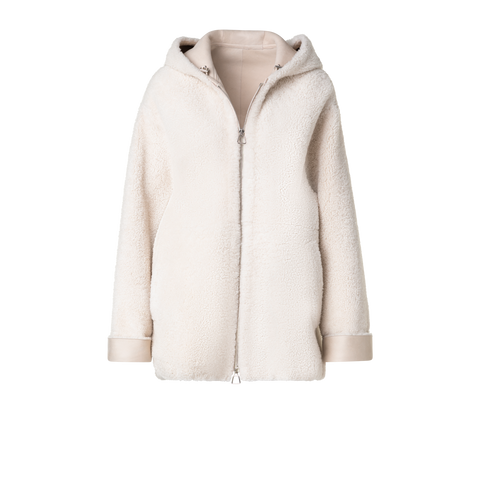 Oversize-Shearling-Lederjacke mit Kapuze