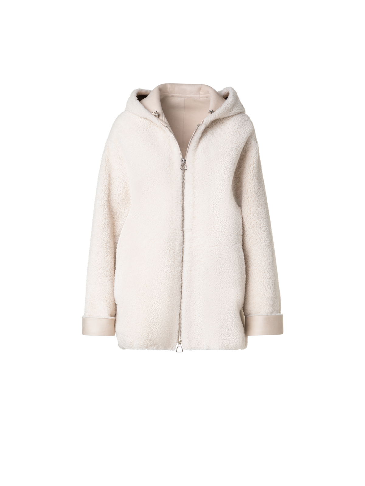 Designer Oversize-Shearling-Lederjacke mit Kapuze - Ecru - Weiss