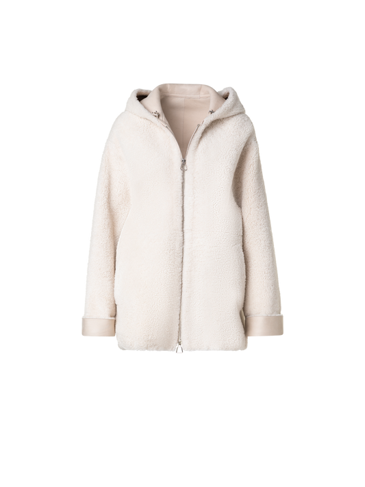 Designer Oversize-Shearling-Lederjacke mit Kapuze - Ecru - Weiss
