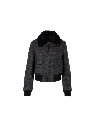 Designer Glencheck-Bomber aus Wolle mit Trapez-Steppung - Schwarz - Bunt - Grau